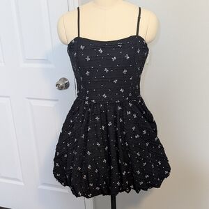 NWT The Vintage Shop Black Mini Dress with White Bow Pattern Bubble Skirt Size M